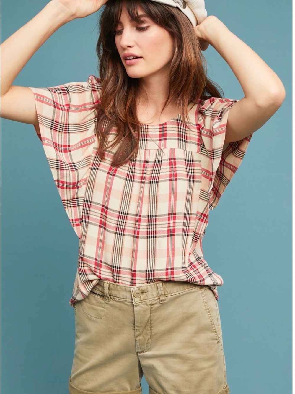 Anthropologie Maeve Priscilla Plaid Flutter Sleeve Blouse in Beige and Red sz M